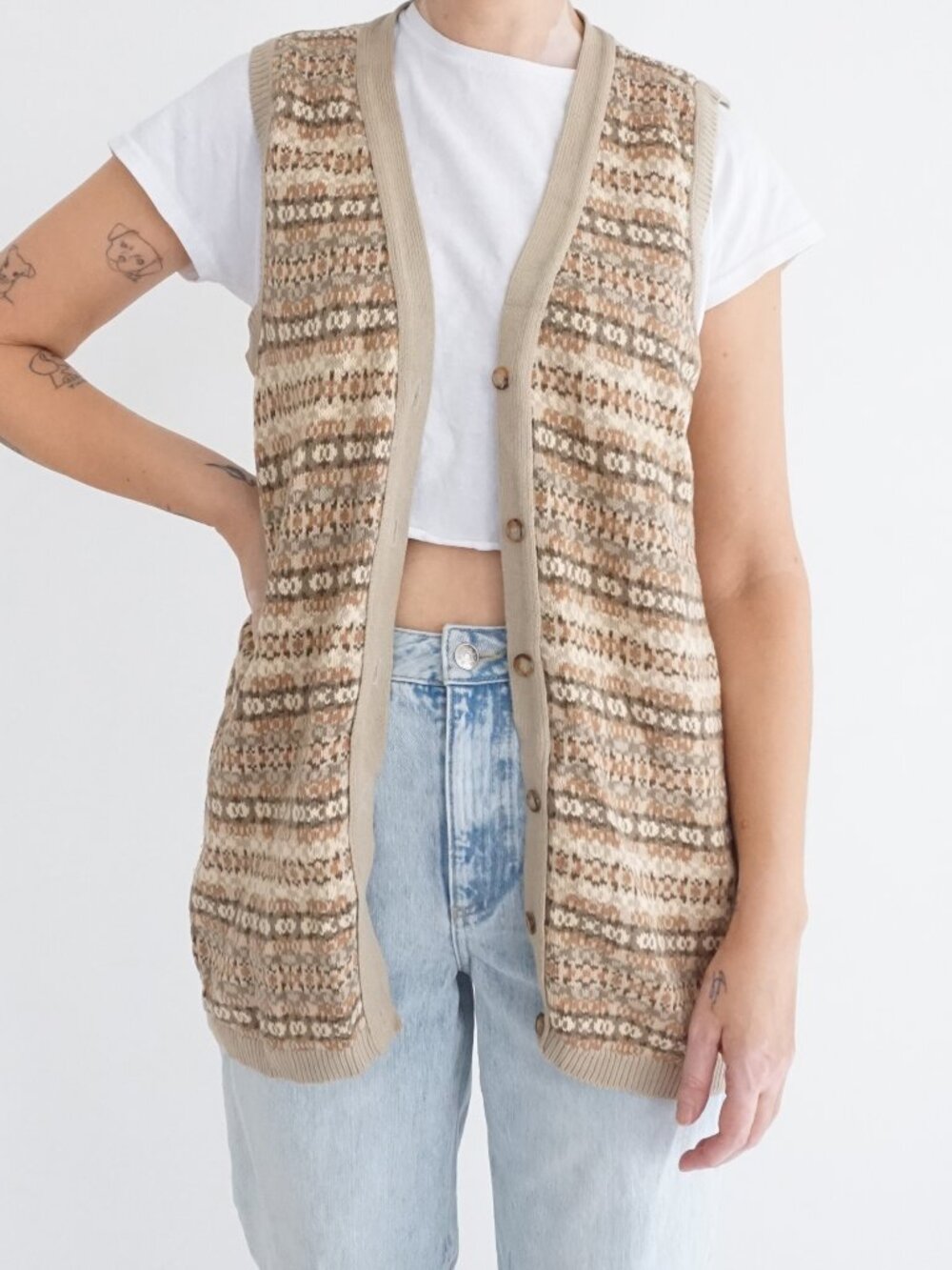 Vintage Liz Claiborne Beige Brown Geometric Stripe Button Front Knit Vest M